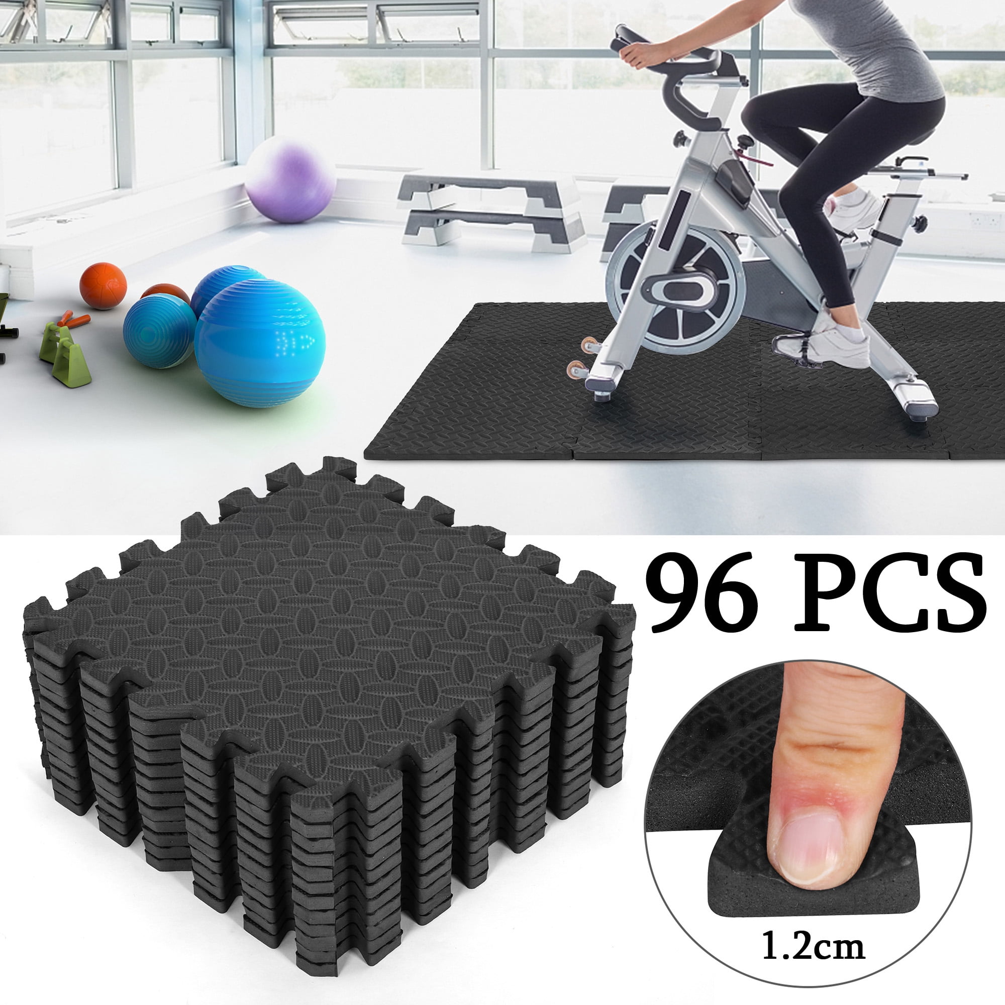 SAYFUT Barbell High Density Interlocking Puzzle Mat, 1/2 In Thick EVA Foam Exercise Gym Flooring, Black, 96 Pieces, 96 Sq ft