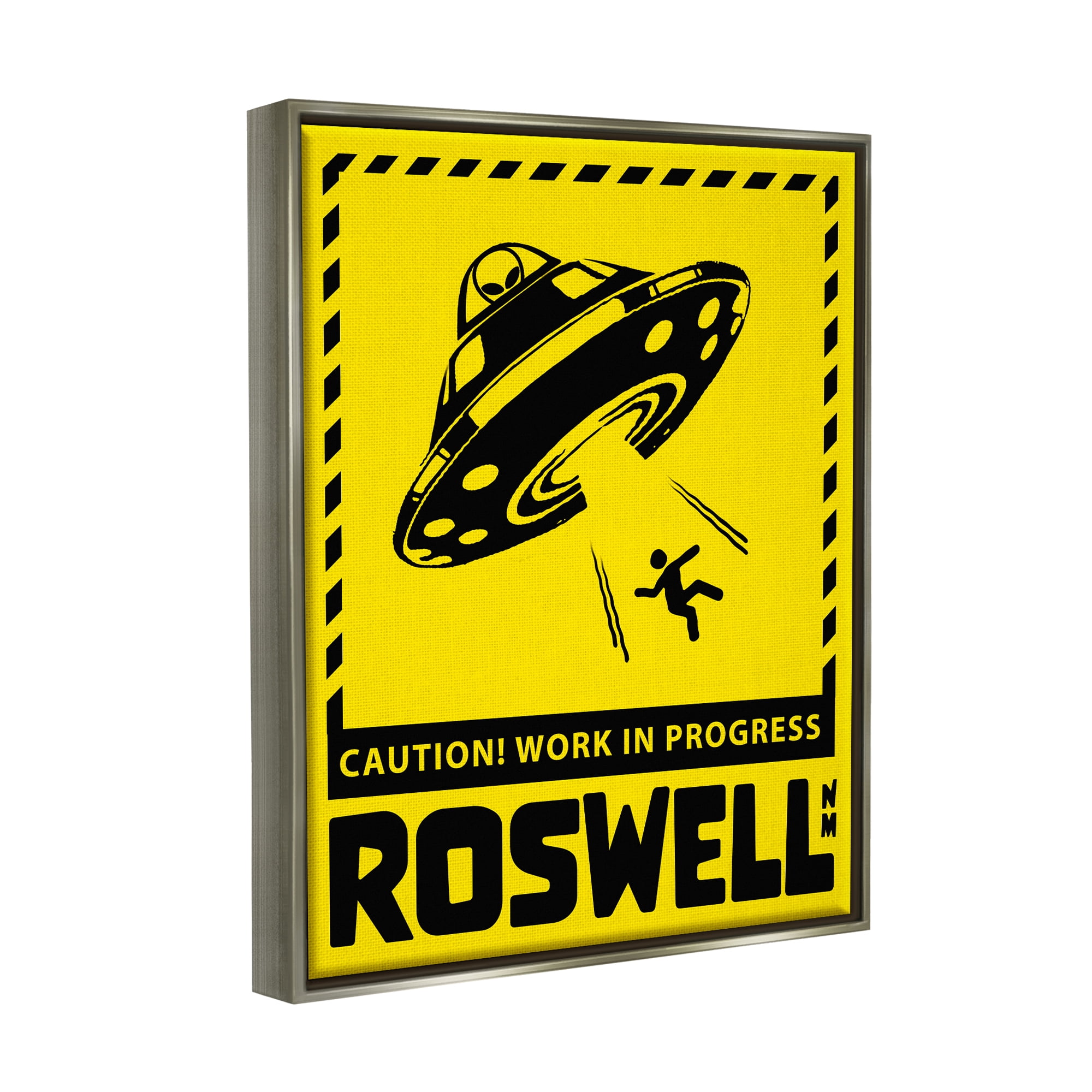 Stupell Industries Caution Roswell NM Alien UFO Travel & Places Painting Gray Floater Framed Art Print Wall Art