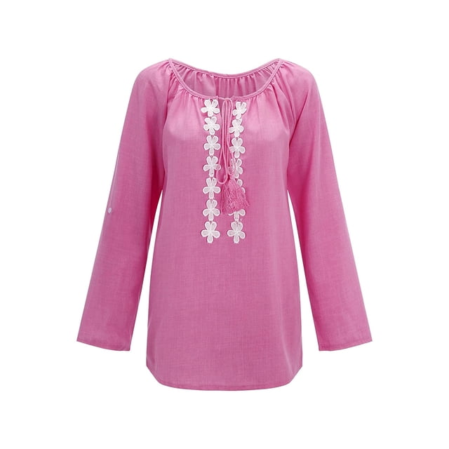 Blusa de mujer Camisa de color sólido de manga larga Costura de encaje Blusa suelta informal Ropa de otoño, Rosa, XL sidaley AP003723-14