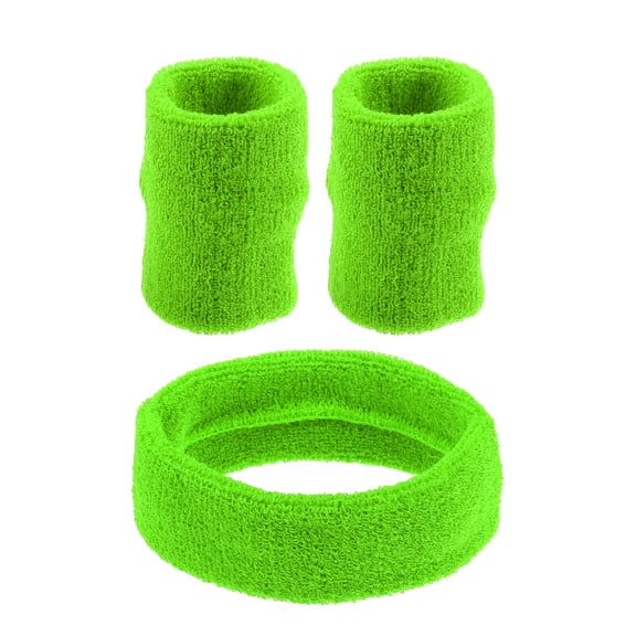 Unique Bargains 3 pcs Sports Headband Wristband Cotton Blend Sweat Absorbing Head Band Fluorescent Green for Women