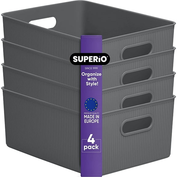 Superio Plastic Storage Bins, Grey, 15 Liter, Pack of 4 Large Ribbed Baskets for Organizing Closet, Shelves, Plastic Storage Bins