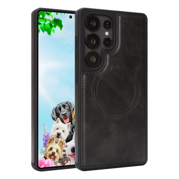 ELEHOLD Magnetic Case for Samsung Galaxy S25 Ultra, Shockproof Leather Phone Case, Wireless Charging Support,Black