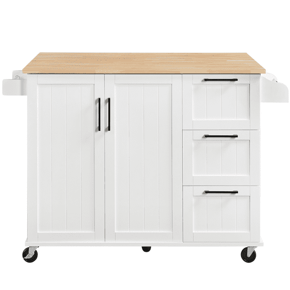 Renwick Rolling Kitchen Cart with Cabinets and Drawers, White