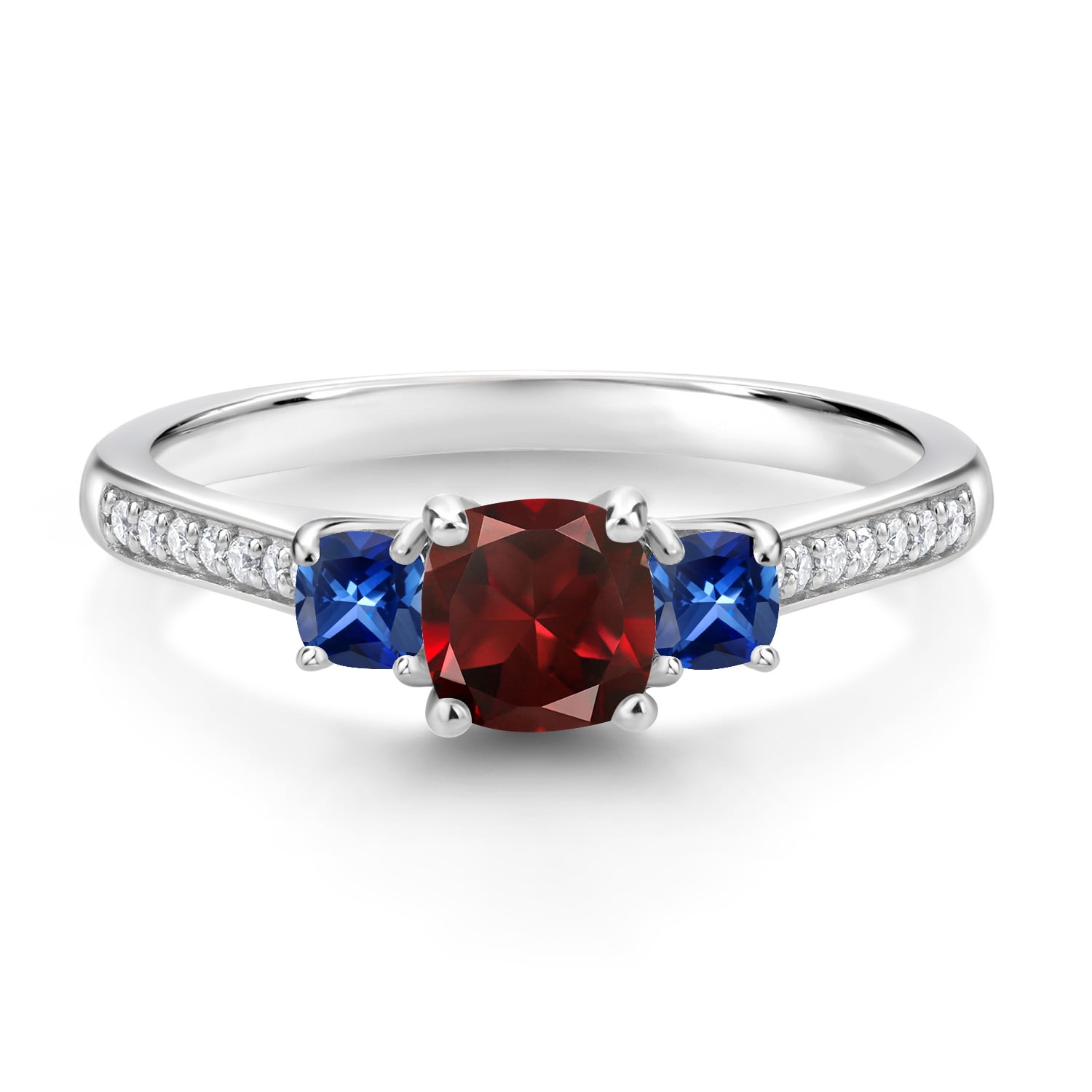 Gem Stone King 1.13 Cttw Cushion Red Garnet Blue Created Sapphire and White Moissanite 3 Stone Engagement Ring for Women | 925 Silver | Three Stone Wedding Engagement Anniversary Ring| Size 9