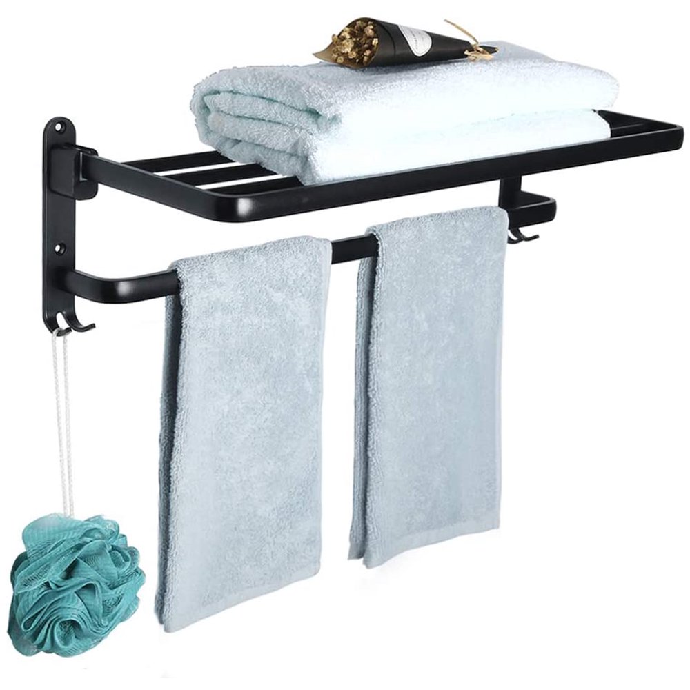 Stoneway Hotel Motel Bathroom Double Towel Rack,Towel Shelf with Two Towel Bars and Hooks Design