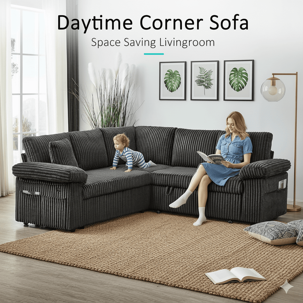 TiramisuBest 81'' Modular Sectional Sofa, Convertible Sleeper Sofa Bed with Pull Out Couch, Corduroy V Shaped Sectional Couches with Storage Seat for Living Room Bedroom (Dark Grey)