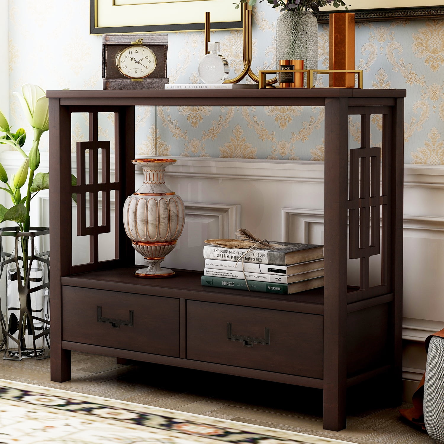 Console Table with Drawers, BTMWAY Wooden Rustic Narrow Entryway Foyer