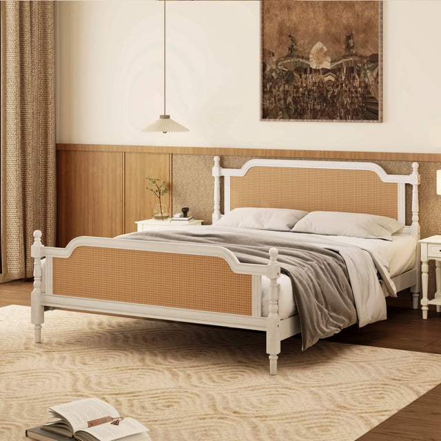 Noble House Queen Rattan Bed Frame,Traditional Style with Solid Pine Wood & PE Rattan,Antique White