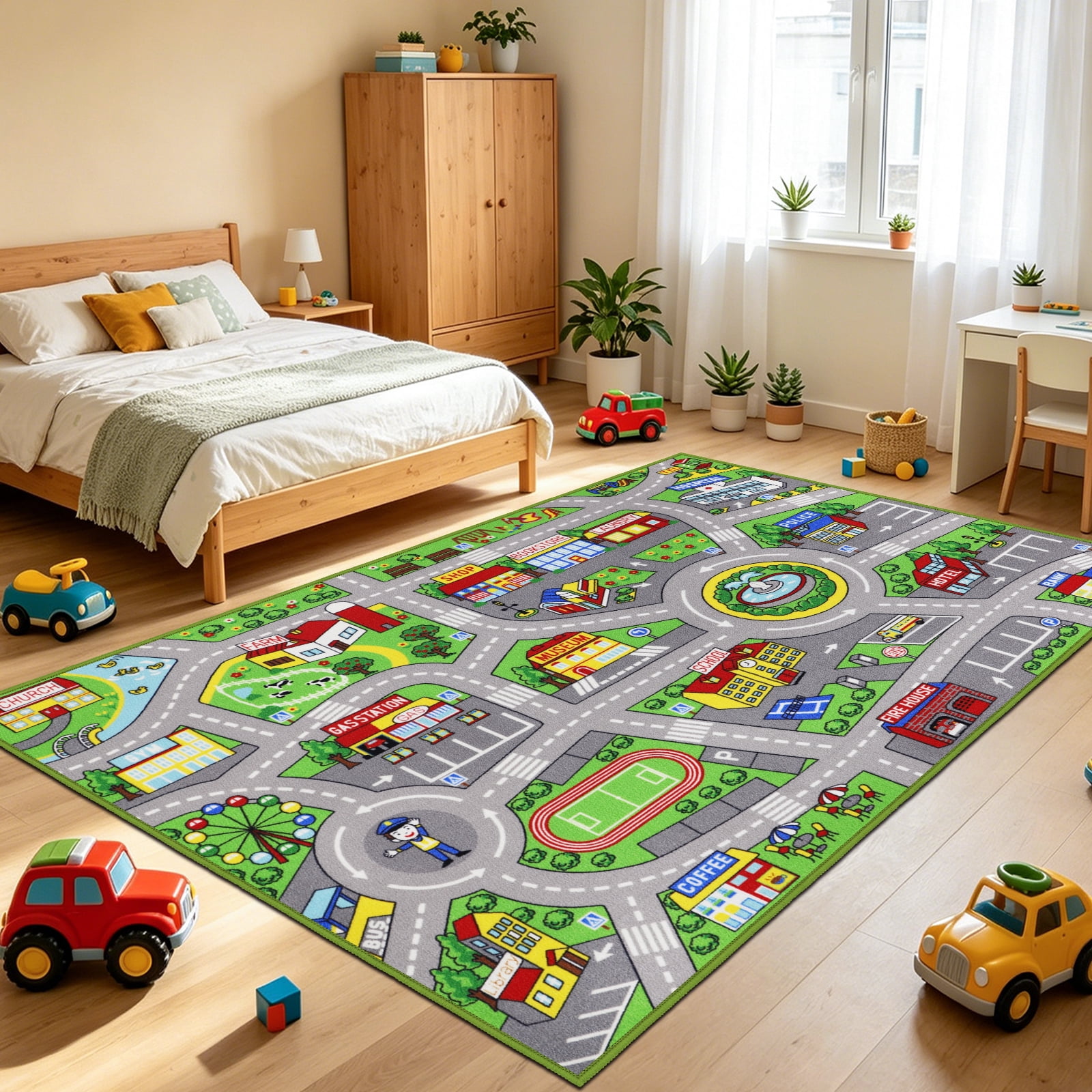 ORGOWEL Kids Carpet Playmat Area Rug Car Mat Play Rug for Playroom Educational Car Mat Machine Washable Non-Slip Kids Rug for Bedroom, Living Room,59"x78.7",Green