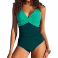 thumbnail image 2 of VISALY One Piece Swimsuits Tummy Control Ruched Push Up Color Block Crisscross V Neck Tie Back Full Coverage Slimming Bathing Suit Slimming Swimwear Wide Straps Swim Suit Wrap Swimwear Green L, 2 of 5