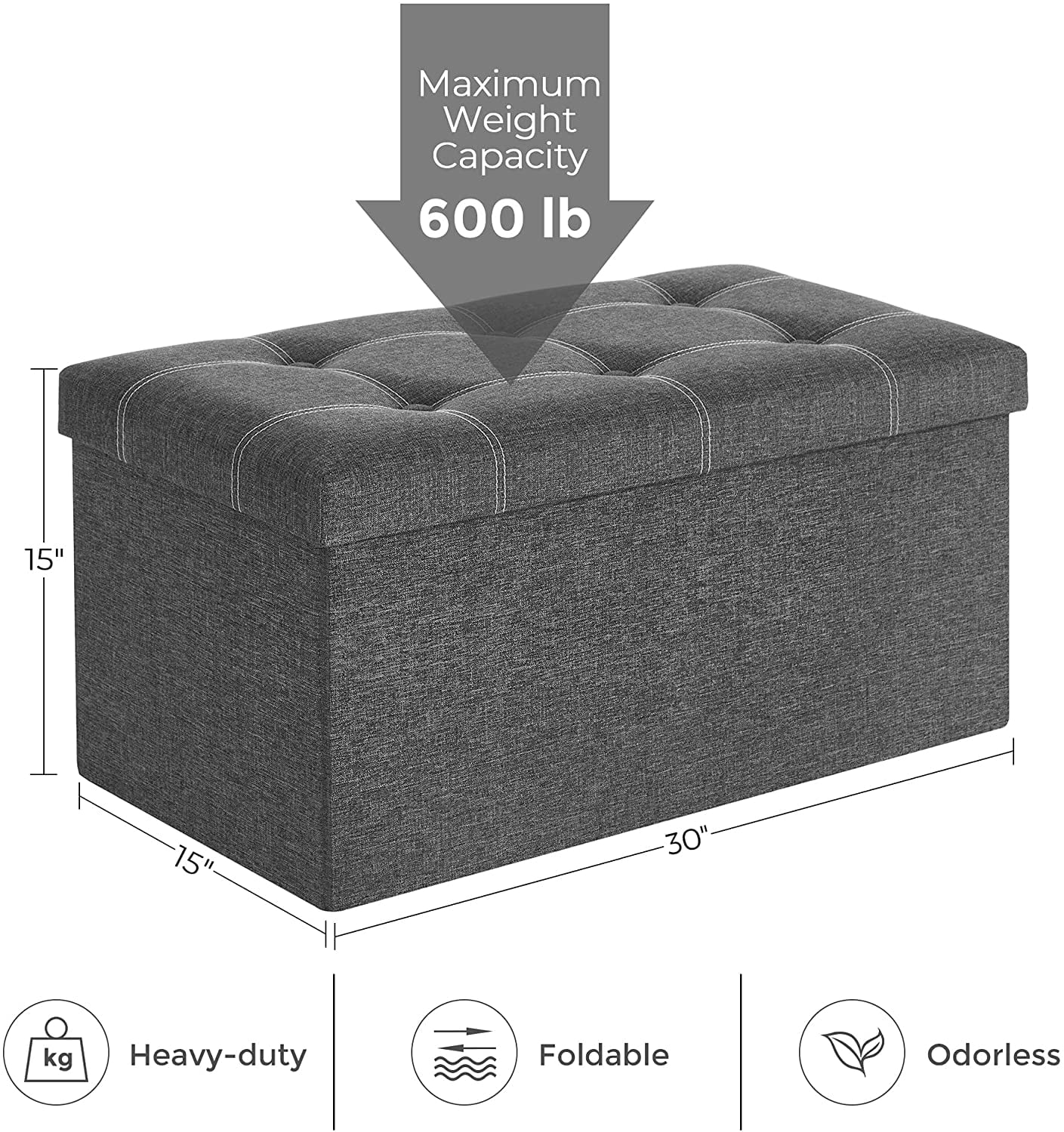 SONGMICS 30" Ottoman Footstool Storage Ottoman Bench Holds 660 lb Folding Ottoman with Storage for Living Room Dark Gray