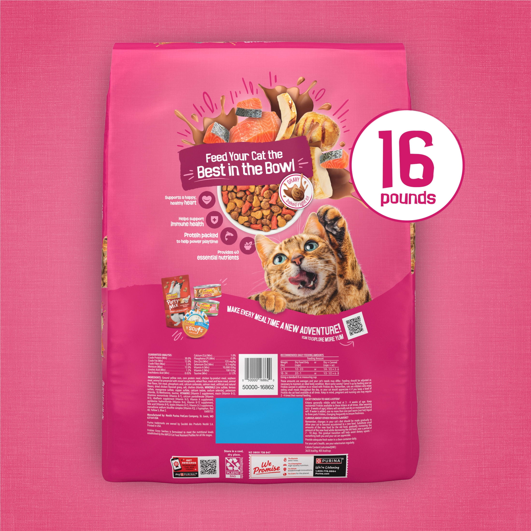 (3 pack) Purina Friskies Dry Cat Food Gravy Swirl'd with Flavors of Chicken, Salmon and Gravy Dry Cat Food, 16 lb Bag