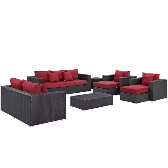 Modern Contemporary Urban Design Outdoor Patio Balcony Nine PCS Sofa Set, Red, Rattan