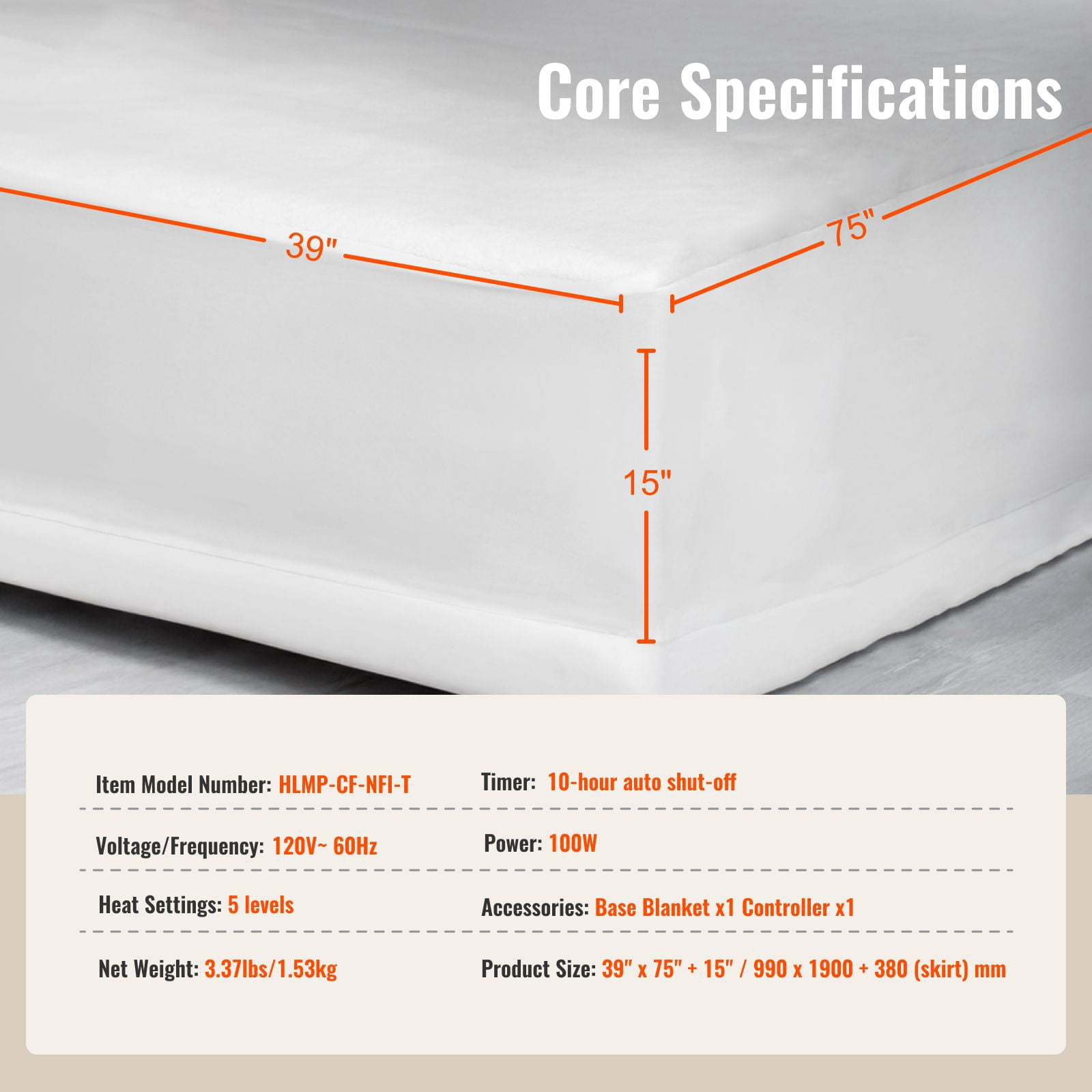 Electric Heated Underblanket 5 Temperature Settings 10-Hour Auto-Off Coral Velvet for Winter Bed Warmth