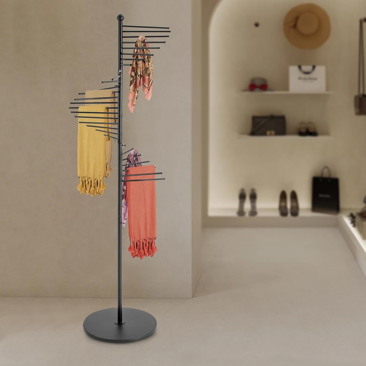 Spiral Scarf Display Rack - Versatile Clothing Store & Home Display for Scarves, Ties, Bras, Belts, Bathing Suits, and Pants Hanger, Spiral Design Organizer