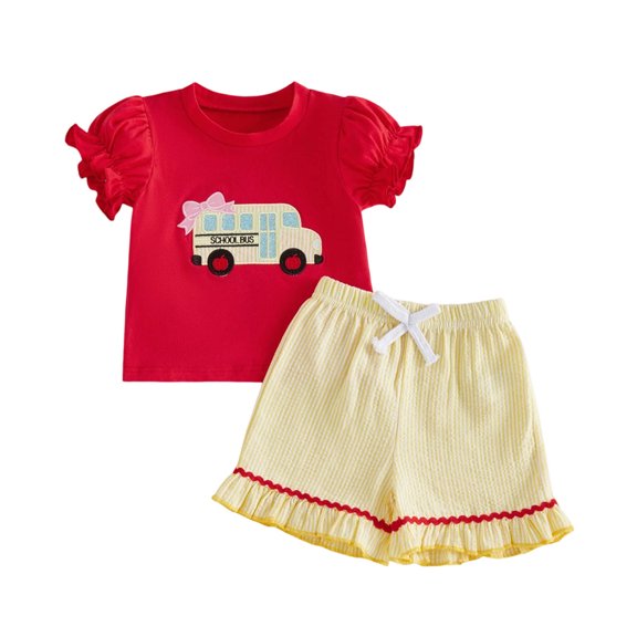Zaveiop Toddler Baby Girl Back to School Outfits Kids Girls Kindergarten Summer Clothes First Day of School Outfit Bow Bus Embroidery Short Sleeve T Shirt Tops and Striped Shorts Set (5-6 Years, Red)