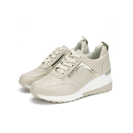 

Sanviglor Womens Walking Shoes Low Top Trainers Lace Up Sneakers Work Comfortable Breathable Platform Non Slip Round Toe Athletic Shoe Beige 7