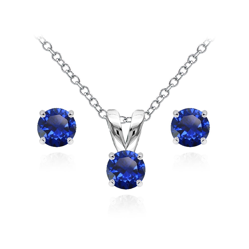 Sterling Silver Created Blue Sapphire 5mm Round Necklace and Stud