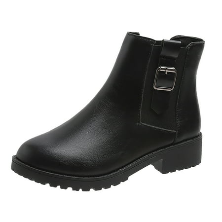 

GWAABD Low Cut Boots for Women Fashion Women Artificial Leather Solid Color Autumn Thick Sole Square Heels Slip On Short Booties Round toe Shoes