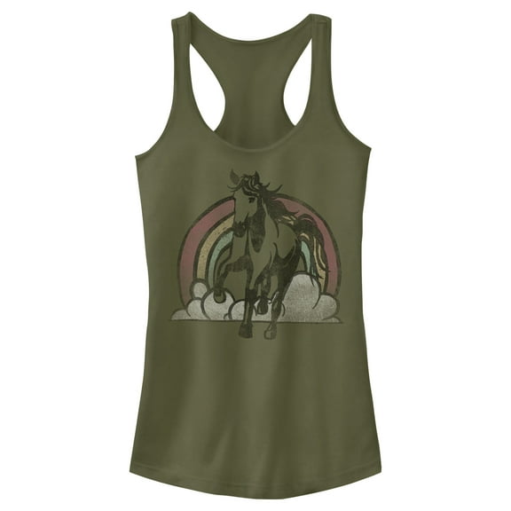Junior's Lost Gods Distressed Rainbow Horse Racerback Tank Top Military Green X Small