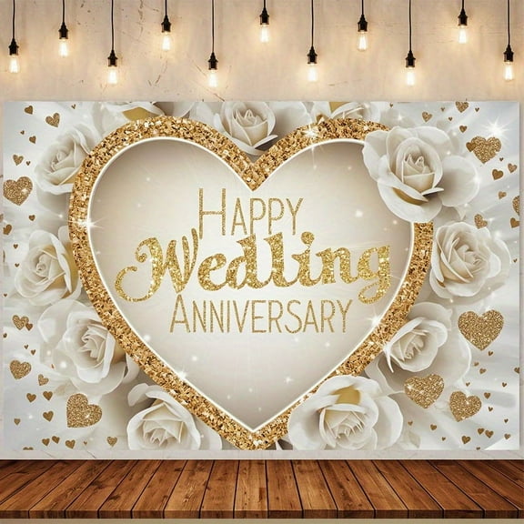 Elegant Wedding Anniversary Party Backdrop White Roses Happy Wedding Anniversary Photography Background Golden Glitter Heart Cheers to Marriage Wedding Commemoration Day Party Decorations Banner