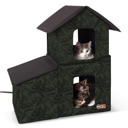 UPC: 0655199636730 | K&H Pet Products Two-Story Outdoor Kitty House with Dining Room Heated Green Leaf 22 X 27 X 27 Inches