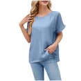 thumbnail image 2 of Wiyuqeen Elegant Solid Color Blouses for Women Baggy Flowy Rolled Short Sleeve Tunics Soft Trendy Side Split T-shirts Ladies Basic Summer Comfy Tops, 2 of 3