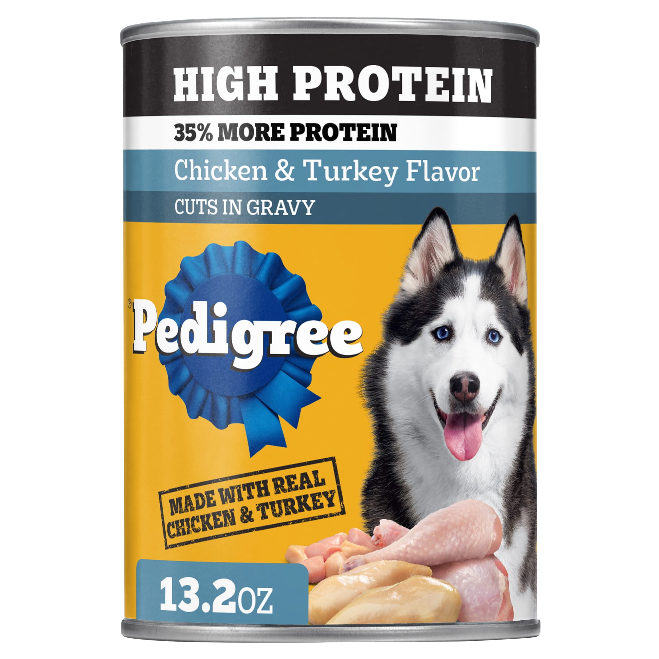 (6 pack) Pedigree High Protein Chicken & Turkey Flavor In Gravy Adult Soft Wet Dog Food, (12) 13.2 oz Cans