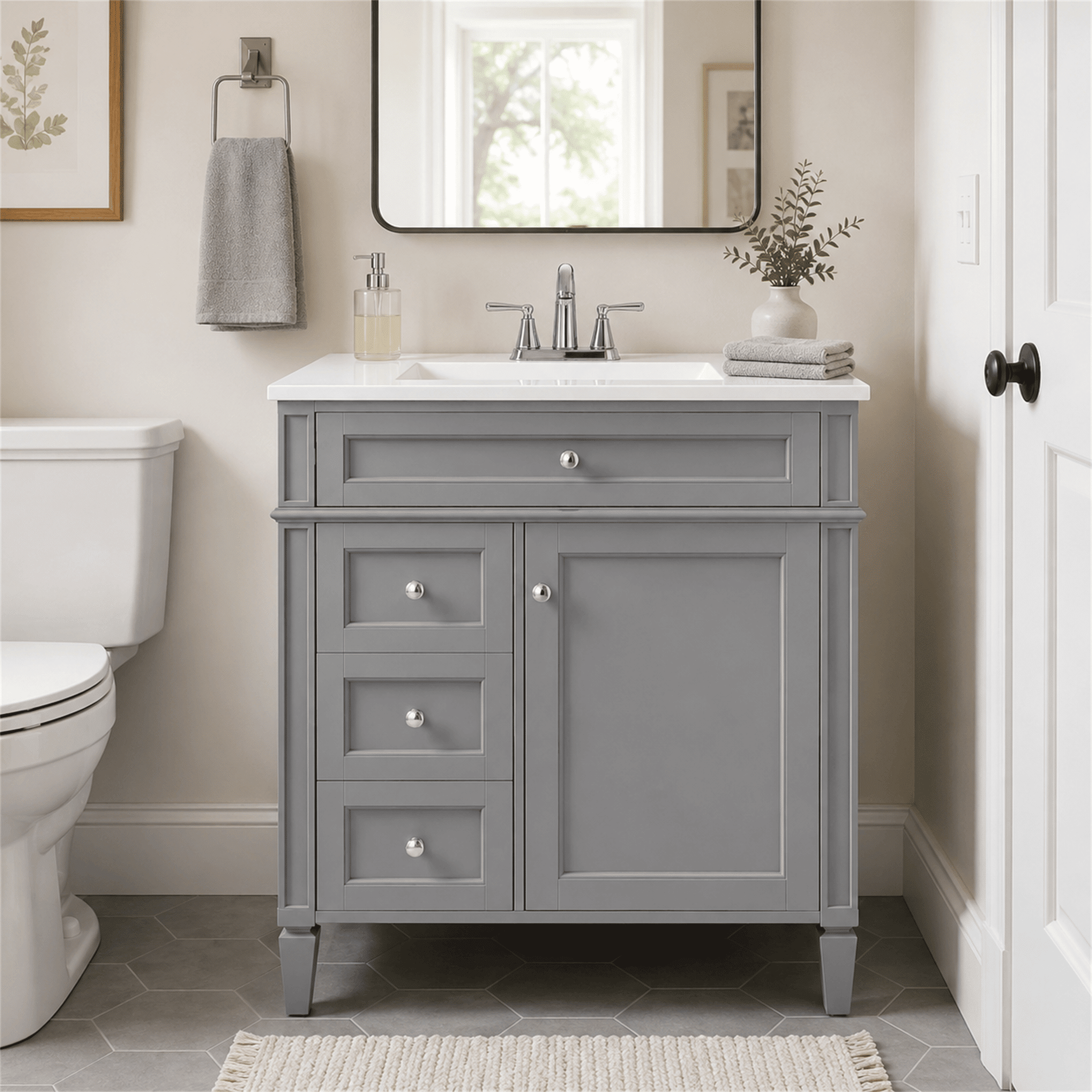 Homy Casa 30" Freestanding Bathroom Vanity with Ceramic Sink and Storage Drawers Gray