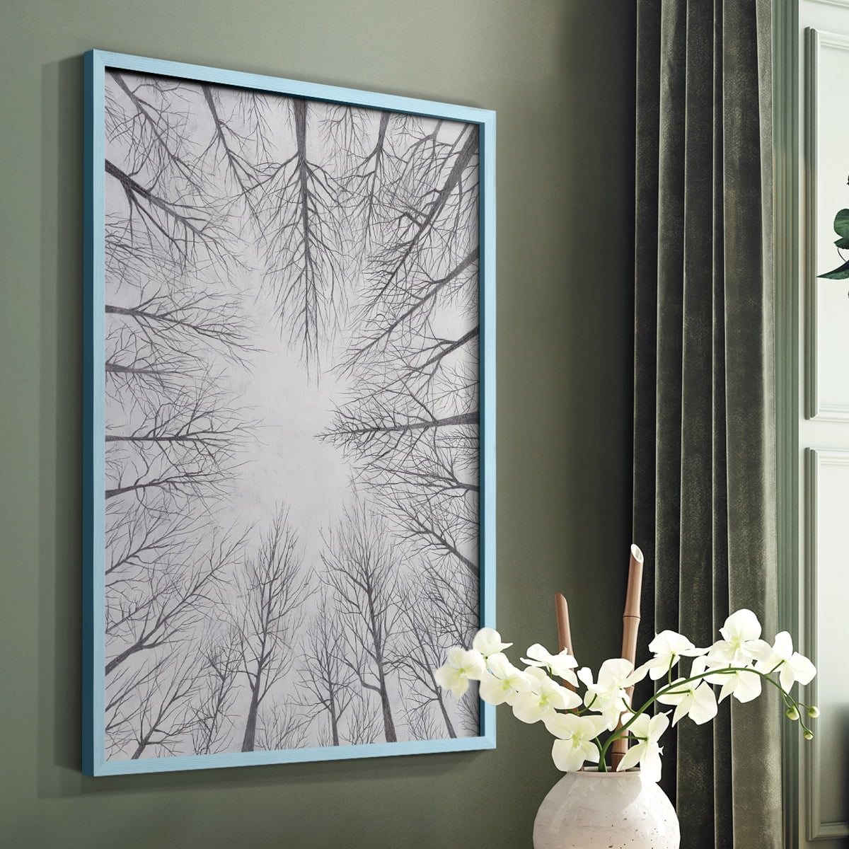Deciduous Canopy I Framed Print in Blue Solid Wood Framed Print No Nail Hanging