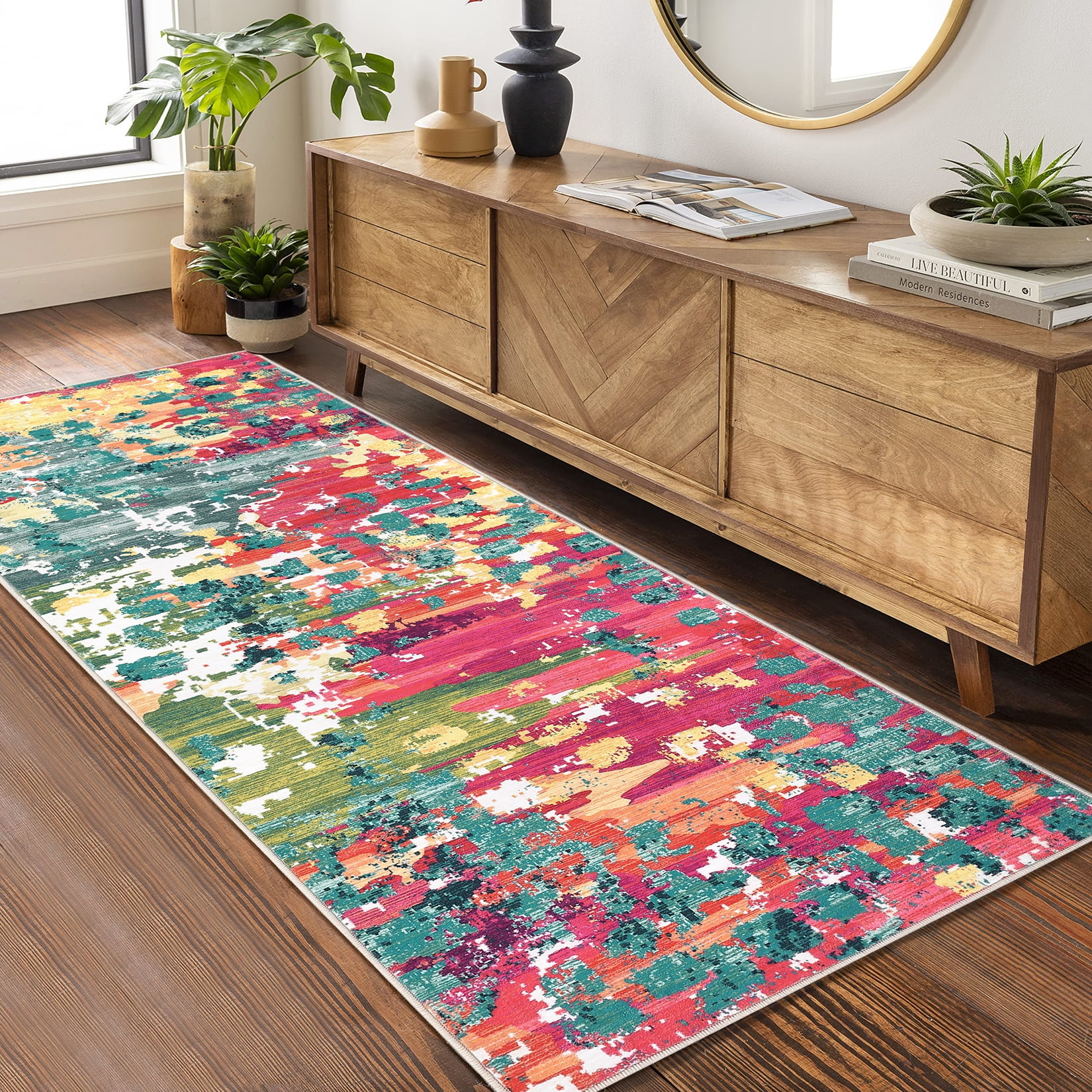 HOMERRY Modern Abstract Washable 2' x 6' Runner Rug Non-Skid Low Pile Pink Kitchen Doormat