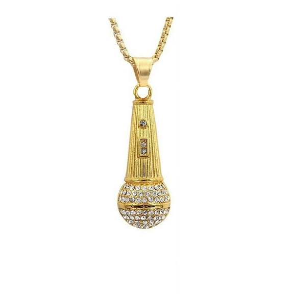 PAMTIER Men Stainless Steel Non-mainstream Rock White Crystal Micro-Pave Iced Out CZ Inlay Microphone Pendant Necklace Gold Free Chain