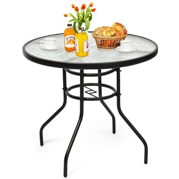Spaco 32 Inch Patio Tempered Glass Table with Steel Frame, Round Table with Convenient Umbrella Hole for Outdoor as Garden, Patio, Yard, Black