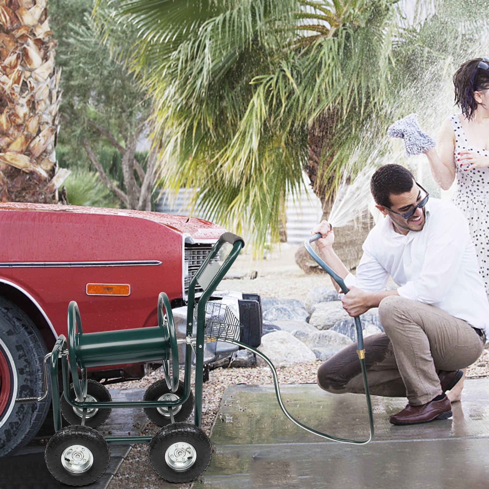 Dark Green Iron Four-Wheel Pipe Truck - Heavy Duty Hose Reel for Professional and Home Use