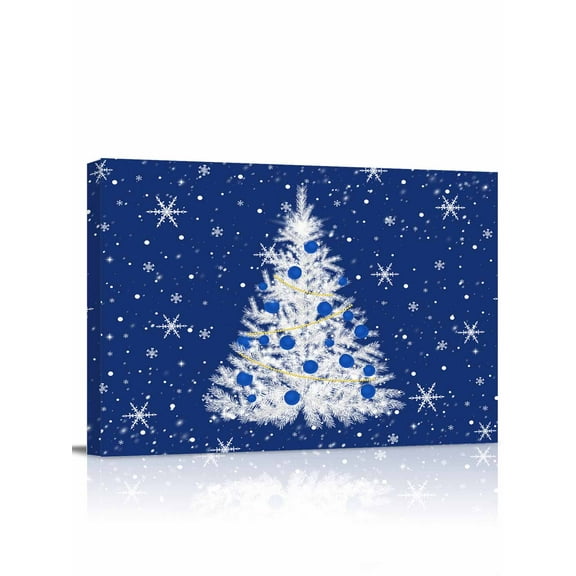 Christmas Blue Canvas Print Wall Art Framed Canvas Art Wall Decor White Xmas Tree Winter Snowflakes Pictures Painting Morden Artwork for Living Room Bedroom, Ready to Hang - 12"x16"