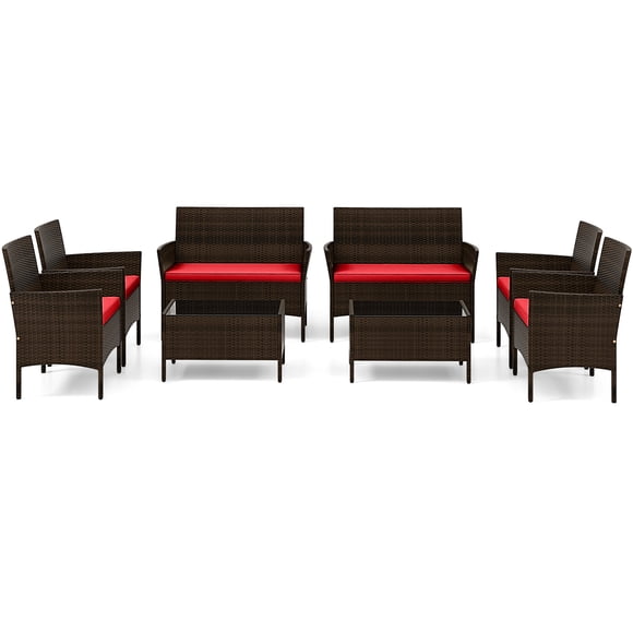Gymax Set of 8 Patio Rattan Conversation Set Wicker Furniture Set w/ ChairRed Cushion