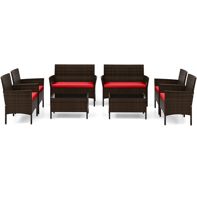 Gymax Ensemble de Conversation en Rotin de 8 Pcs pour Patio, avec Coussins Rouges.