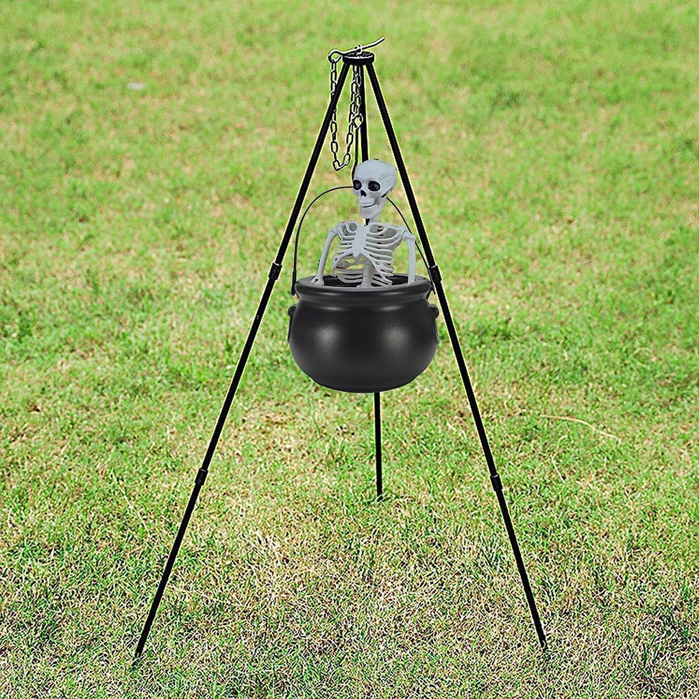 Halloween Witches Cauldron Decor With Tripod & Green Lights - Outdoor/Indoor Spooky Decoration, Candy Bucket