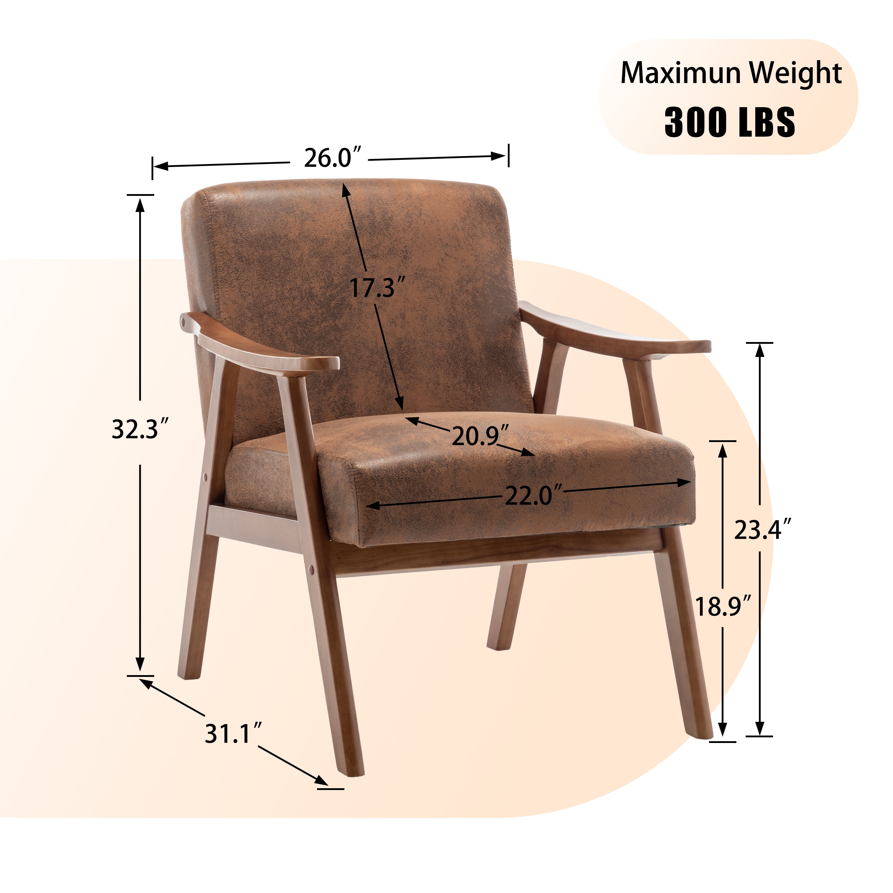 Mid-Century Modern Accent Chair, Velvet Upholstered Lounge Chair with Solid Wood Frame, Extra-Thick Backrest Wingback Chair for Living Room, Bedroom, Reading Nook
