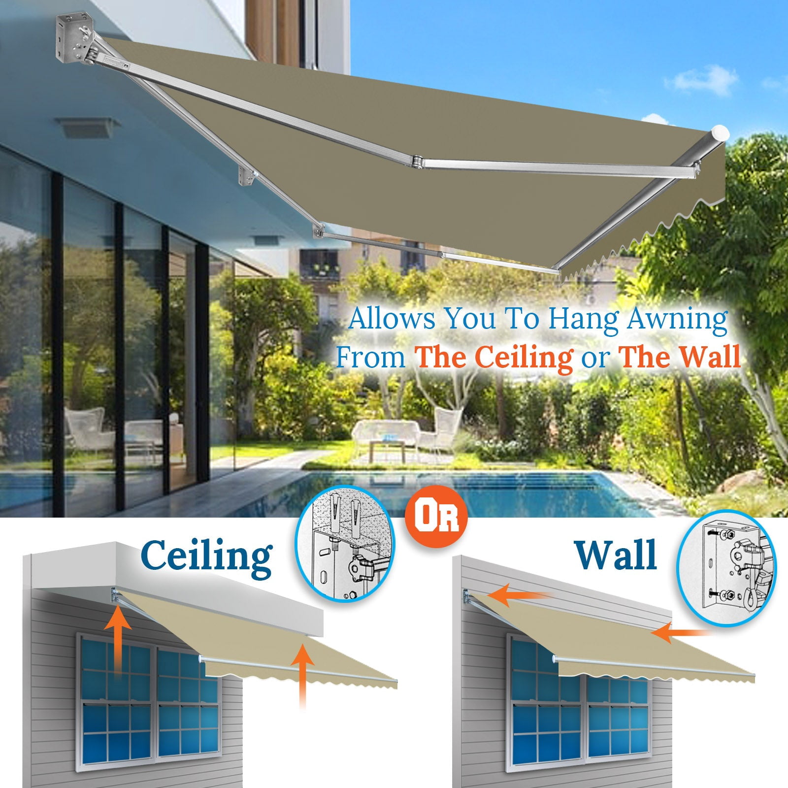 SUNNYOUTDOOR 13x10 FT Patio Awning Retractable Outdoor Sun Shade Manual Patio Deck Awning Heavy Duty Awning (Beige)