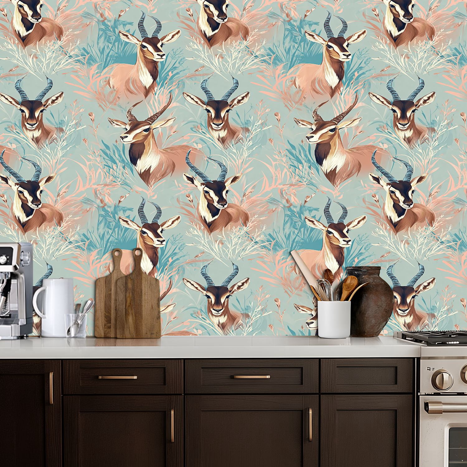 Peel and Stick Wallpaper Hunting Wildlife Antelope Botanical Pastel Blue Peach Wall Mural 17.7in x 9.8ft Self Adhesive Removable Wall Paper Renter Friendly Wallpaper for Nursery Bedroom Cabinets