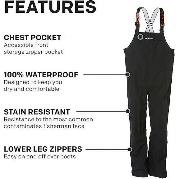 Grundens Men’s Full Share Bib | Waterproof, Breathable 10330-001-BLK BRAND NEW