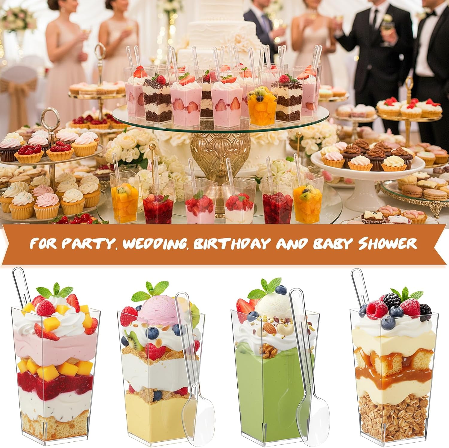 150 Pcs Dessert Cups with Lids and Spoons, 3 oz Mini Clear Plastic Dessert Parfait Cup, Reusable Fruit Ice Cream Cake Pudding Cups
