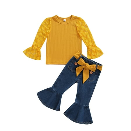 

ZIYIXIN Toddler Baby Girls Clothes Mesh Long Sleeve Shirt and Flared Denim Pants Fall Winter 2pcs Outfits Yellow 3-4 Years