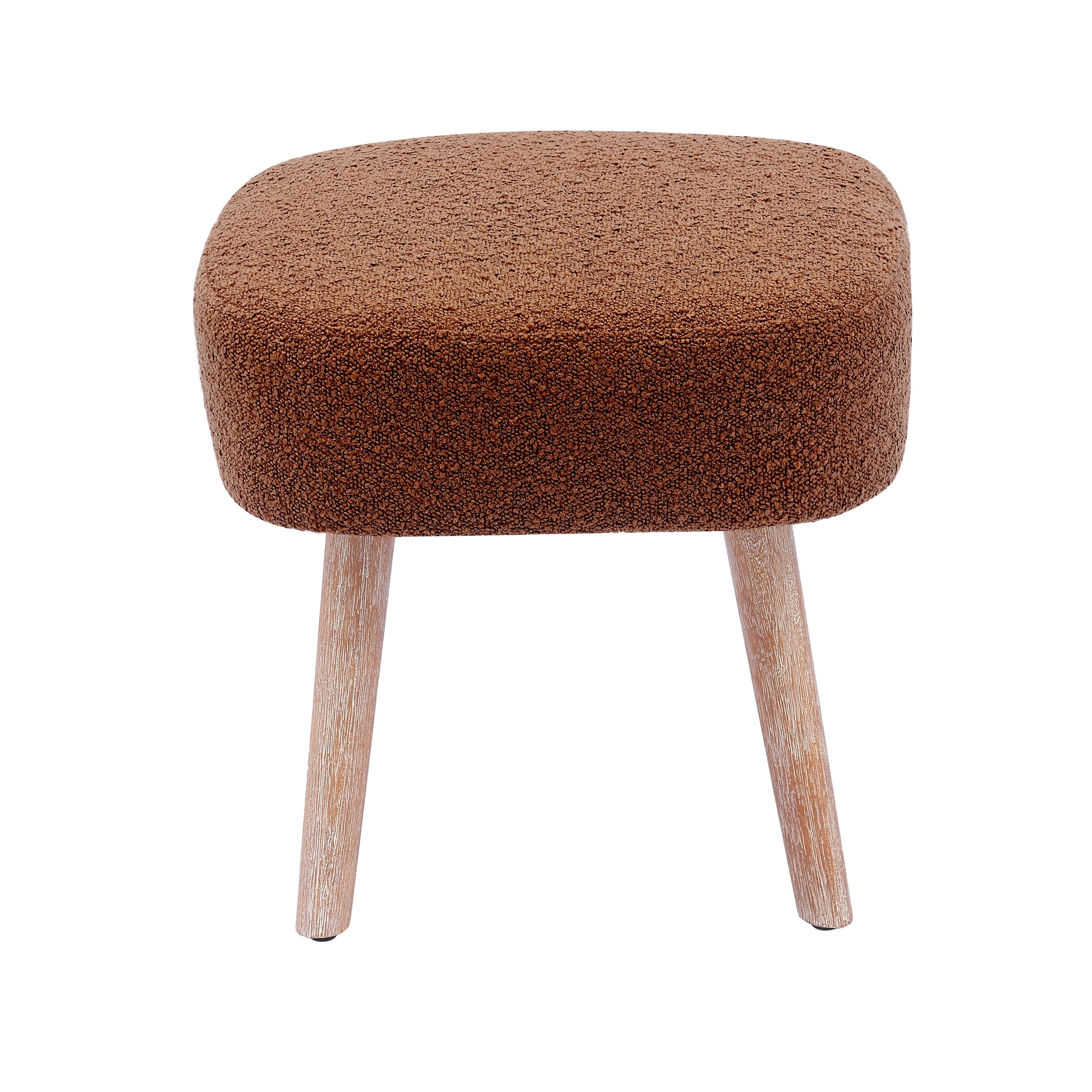 Mid-Century Modern 16.5" Tall Water and Stain Resistant Boucle Fabric Upholstered Ottoman with Wooden Legs, Rust Orange