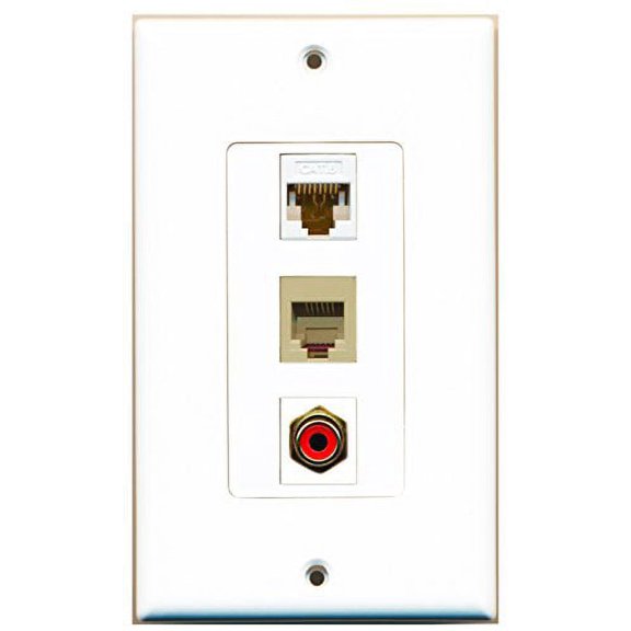 RiteAV - 1 Port RCA Red and 1 Port Phone RJ11 RJ12 Beige and 1 Port Cat6 Ethernet White Decorative Wall Plate Decorative