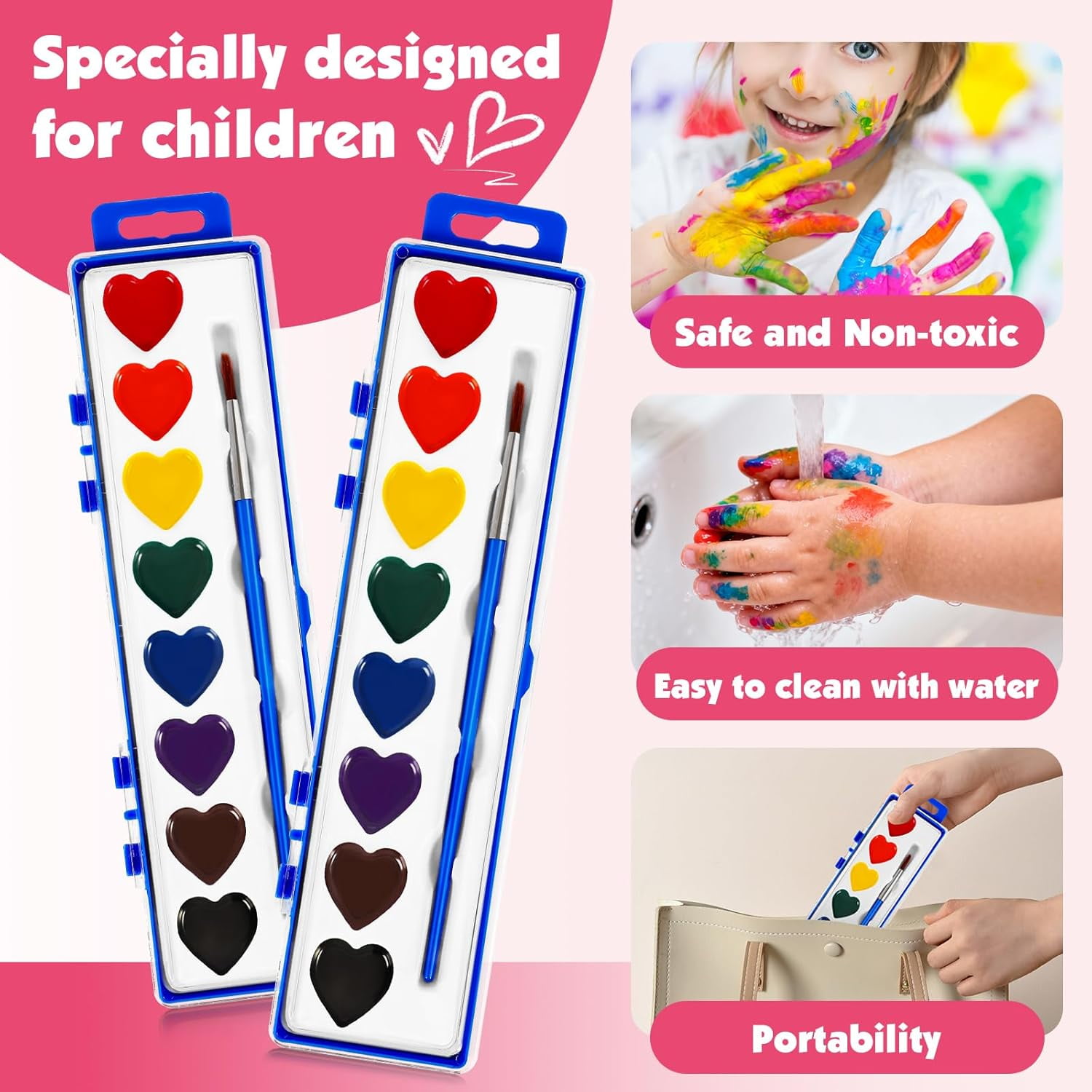 30 Pack Heart Watercolor Paint Set,8 Colors Washable Valentines Water Color Paint Set for Kids with Paintbrush,Watercolor Paint for Prizes Exchange Gifts,Valentine's Day Gifts,Party Favor,Classroom