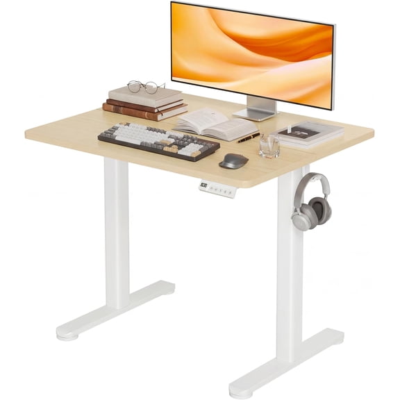 Claiks Electric Height Adjustable Stand Up Desk, 32x19 Inches Sit Stand Desk for Home Office, Nature Top/White Frame