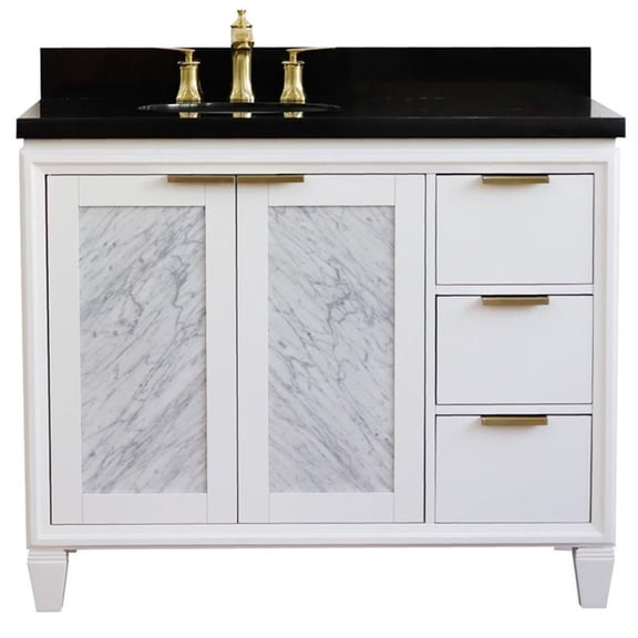 Pemberly Row 43" Solid Wood Vanity with Left Oval Sink in White/Black Galaxy