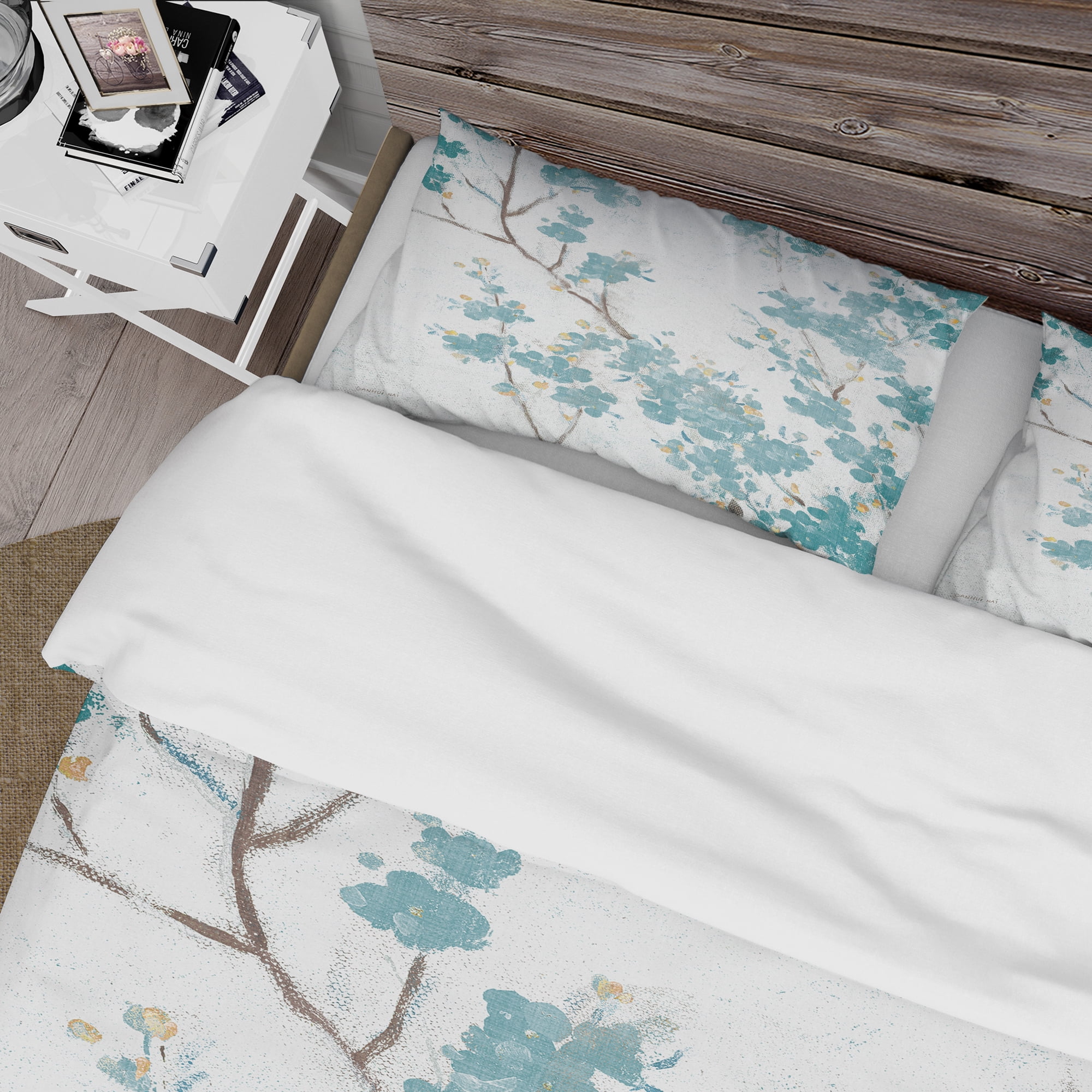 Designart 'Teal Cherry Blossoms II' Farmhouse Duvet Cover Set